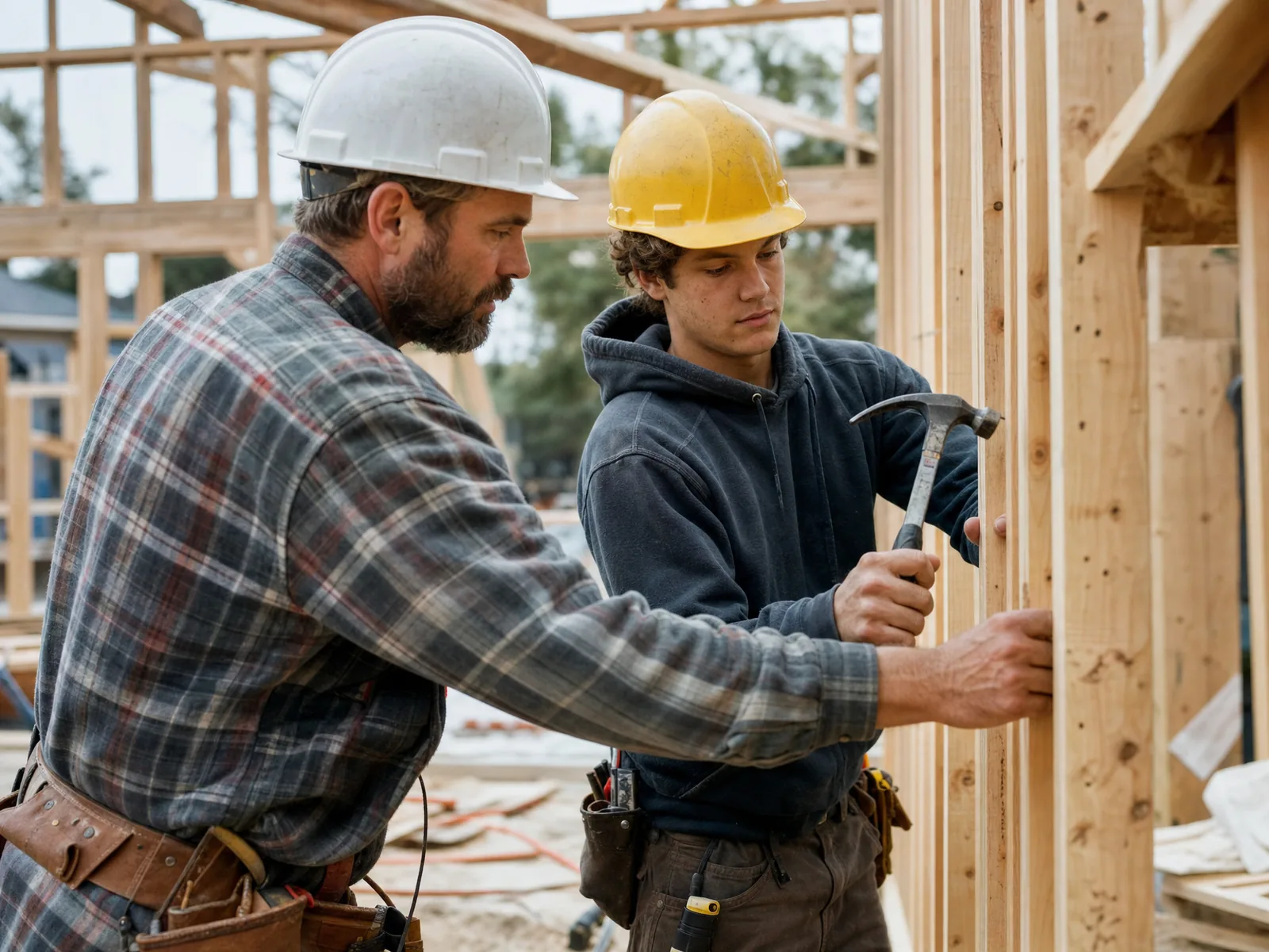 A foreman showing a young apprentice proper technique while framing a wood wall on a job site