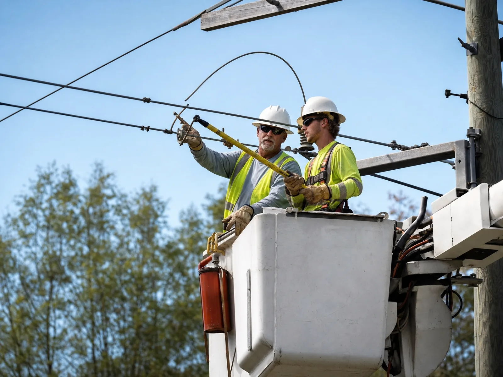 A senior utility lineworker supervising an apprentice lineworker in a bucket lift on overhead power lines