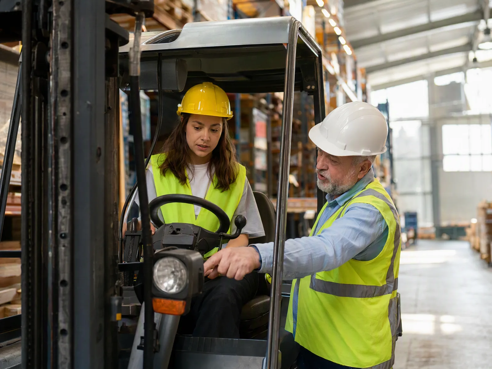 A senior warehouse worker training a new hire on operating a forklift among tall pallet racking
