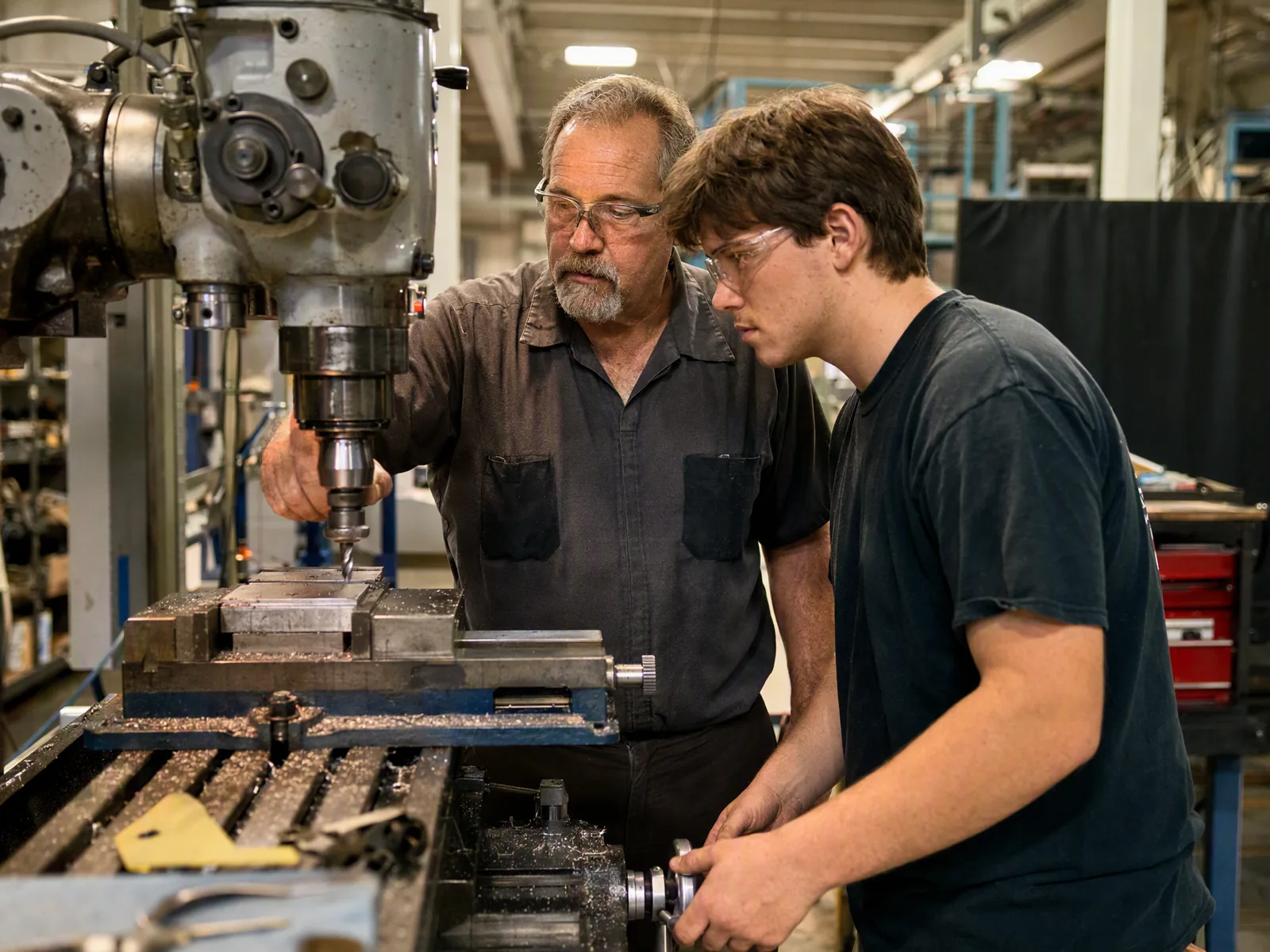 An experienced machinist guiding a younger trainee on a CNC milling machine on a factory floor