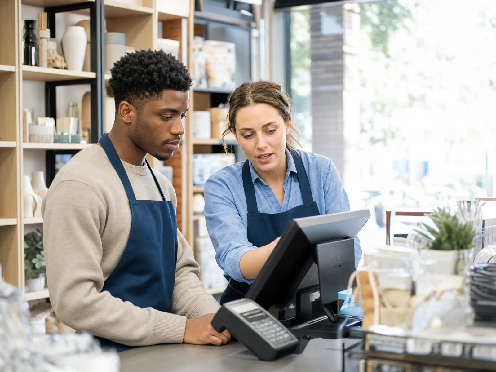 An assistant manager walking a new hire through the point-of-sale system at a retail checkout counter