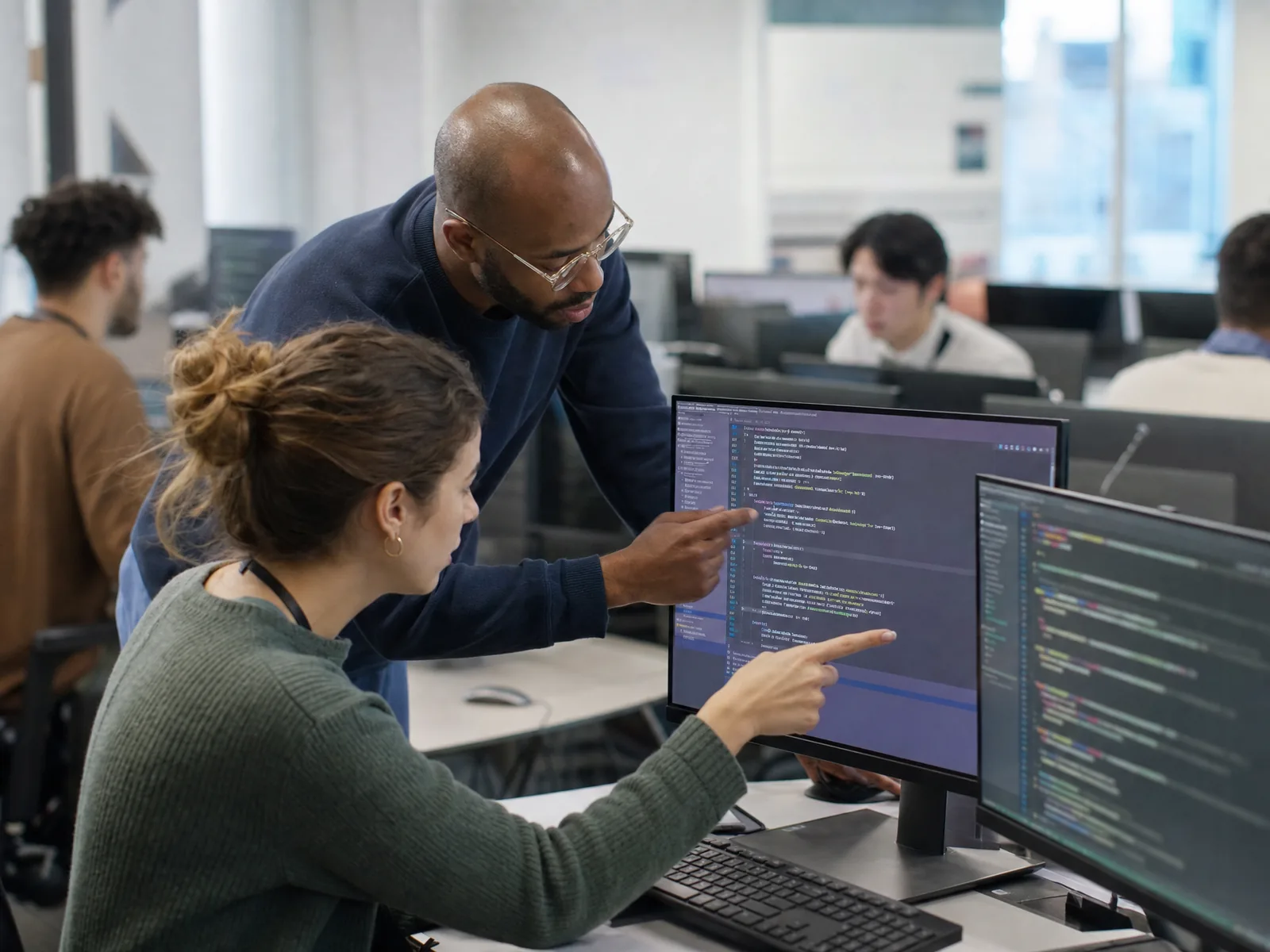 An instructor helping an adult career-changer trace an issue across two monitors of code