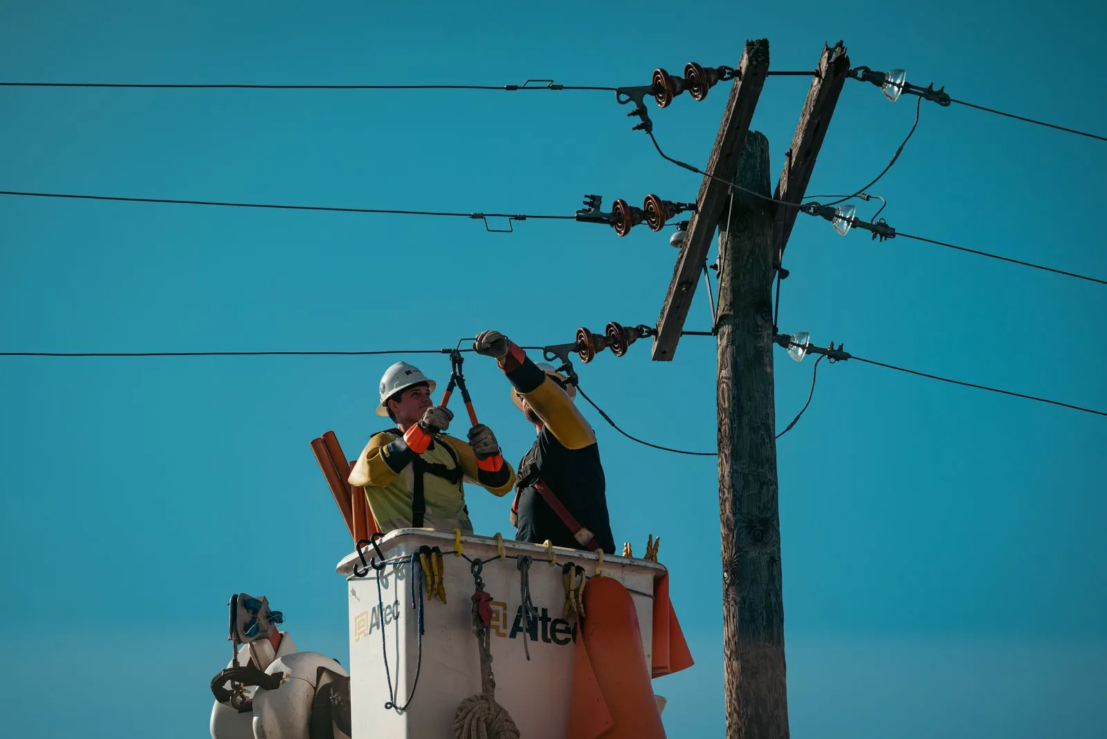 Electricians fixing electrical lines